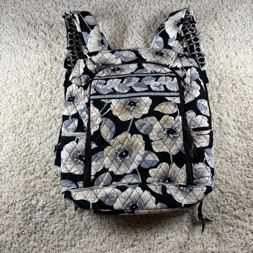 Vera Bradley Quilted Floral Backpack Black White Beige Adjustable Straps